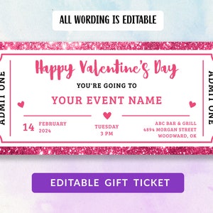 Bearbeitbarer Valentinstags-Gutschein, Überraschungs-Geschenkkarte, Valentinstagskarte, Ereignisticket-Vorlage, Valentinsgutschein, Sofortiger Download