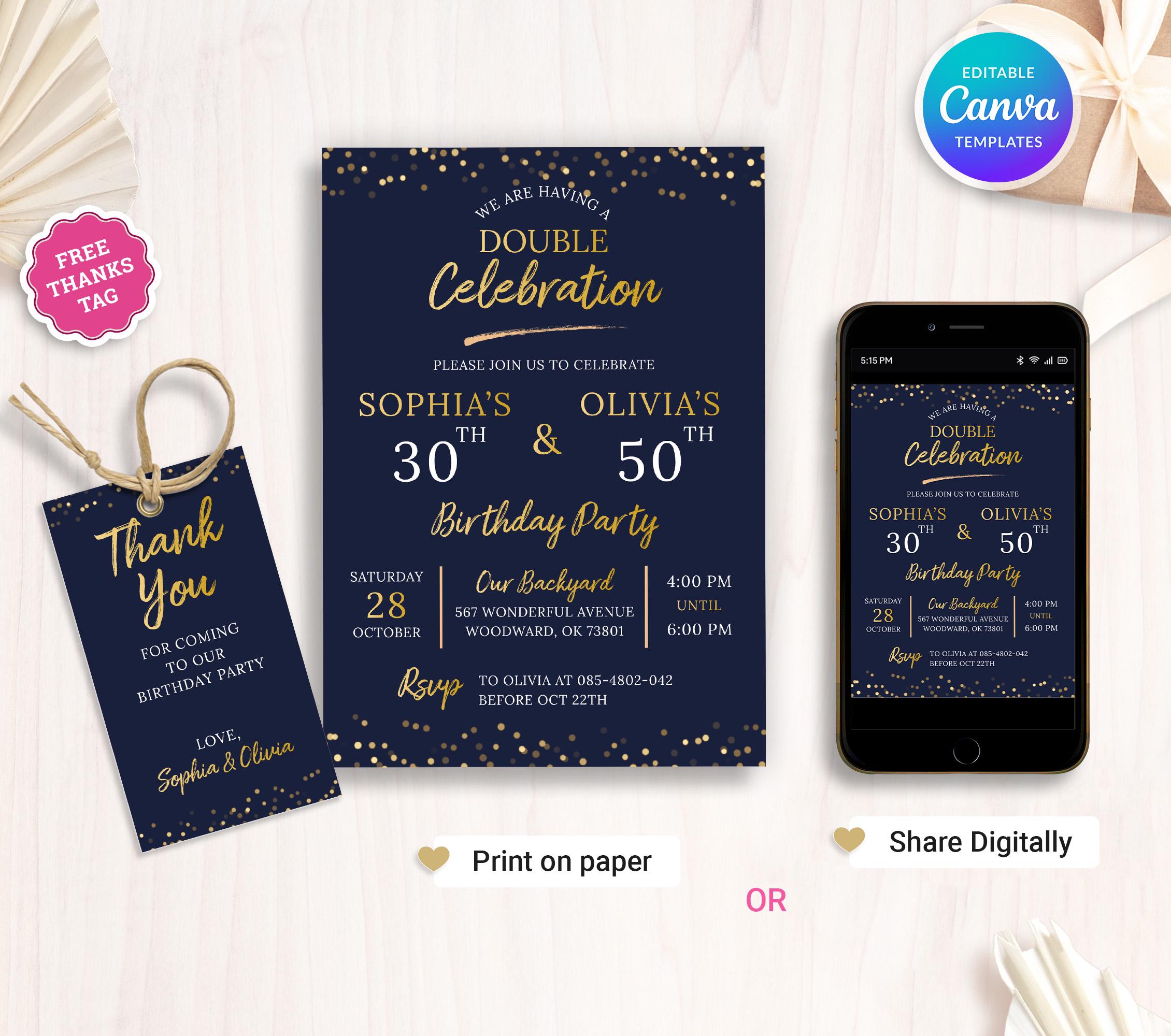 Editable Double Birthday Invitation, Joint Birthday Invite, Any Age ...