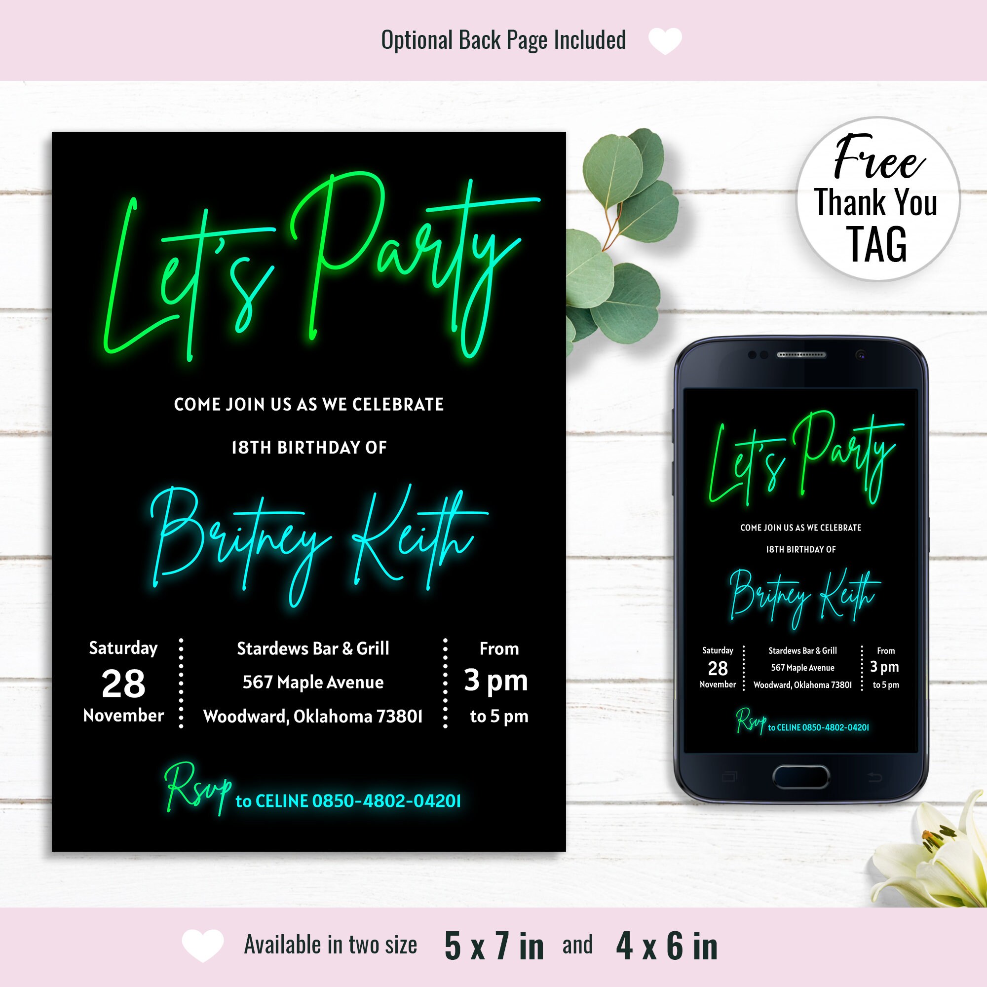Neon Glowing Birthday Invitation, Neon Light Party Invite, Simple and ...