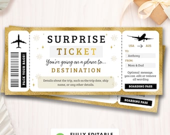 May include: A printable surprise ticket with a gold and white design. The ticket says "Surprise Ticket You're going on a plane to... Destination" with a space for the destination. The ticket also has a space for the recipient's name, the sender's name, and an optional message.