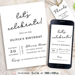 Einfache Geburtstagseinladung, bearbeitbar weiß minimalistisch einladen, Dinner Night Einladungen, elegante Einladung, jedes Alter, Sofort Download