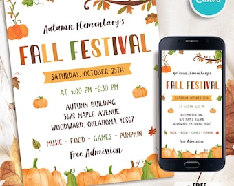 Editable Fall festival flyer Template, Fall festival invite, Printable Autumn invitations, School Party, flyer Digital, Instant Download