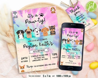 Op de afbeelding: Een digitale uitnodiging voor een 12e verjaardagsfeest met een pootprintthema. De uitnodiging heeft een tie-dye achtergrond met een roze en blauwe kleurstelling. De tekst "It's a Paw-ty!" is geschreven in een speels lettertype. De uitnodiging bevat ook de naam van de jarige, zijn leeftijd en feestdetails.