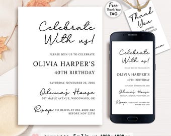 Simple Party Invite, Minimalist Birthday Invitation, Adult and Teen Invitation, White Invitations, Editable Template, instant Download