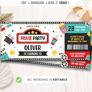 Ticket Film Geburtstagseinladung Vorlage, Film Party einladen, bearbeitbare Einladungen, Geburtstag jedes Alter, druckbare Einladung, Sofort Download