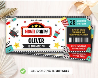 Ticket Movie Birthday Invitation Template, Movie Party invite, Editable Invitations, Any Age Birthday, printable invite, Instant Download