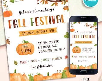 Editable Fall festival flyer Template, Fall festival invite, Printable Autumn invitations, School Party, Church flyer, Instant Download