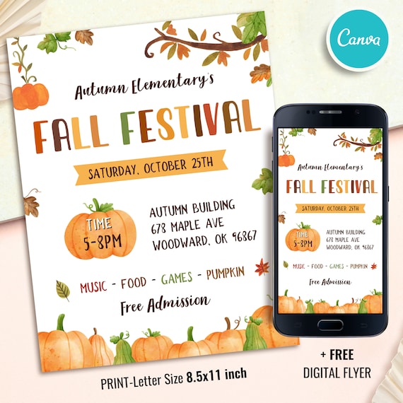 Editable Fall festival flyer Template, Fall festival invite, Printable Autumn invitations, School Party, Church flyer, Instant Download