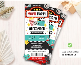 Ticket Movie Birthday Invitation Template, Movie Party invite, Editable Invitations, Any Age Birthday, printable invite, Instant Download