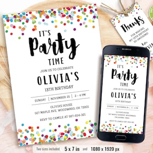 Editable Confetti Birthday Invitation, Colorful invite, Simple Birthday Invitations, Printable Template, Any Age Birthday, Instant Download