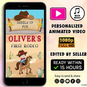 Personalisierte erste Rodeo-Geburtstags-Video-Einladung, Cowboy-Geburtstags-Einladung, erste Geburtstagseinladungen, Jungen-Einladung, bearbeitet vom Verkäufer