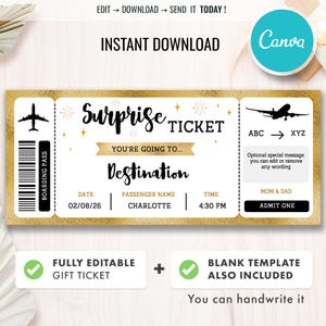 Könnte beinhalten: Ein gold-weißes Überraschungsticket-Design mit den Worten "Surprise Ticket" in einer dekorativen Schriftart. Das Ticket enthält Platz für Zielort, Datum, Name des Passagiers und Uhrzeit. Das Ticket enthält auch den Text "Vollständig bearbeitbares Geschenkticket" und "Leere Vorlage ebenfalls enthalten".