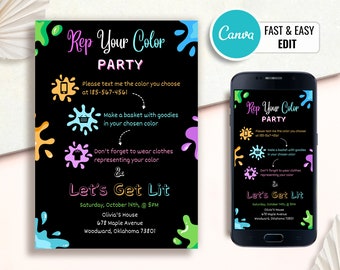 Editable Party Invitation, Rep Your Color, Color Theme Party Invite, Social Media Party Challenge, Any age Template, Instant Download