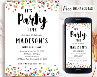 May include: A colorful confetti birthday party invitation for a 13th birthday. The invitation is for Madison's birthday party on Saturday, November 25, 2023, from 4:00 pm to 6:00 pm at Madison's House. The address is 567 Maple Ave, Woodward, OK 0857. RSVP to Madelyn at 987-654-321.