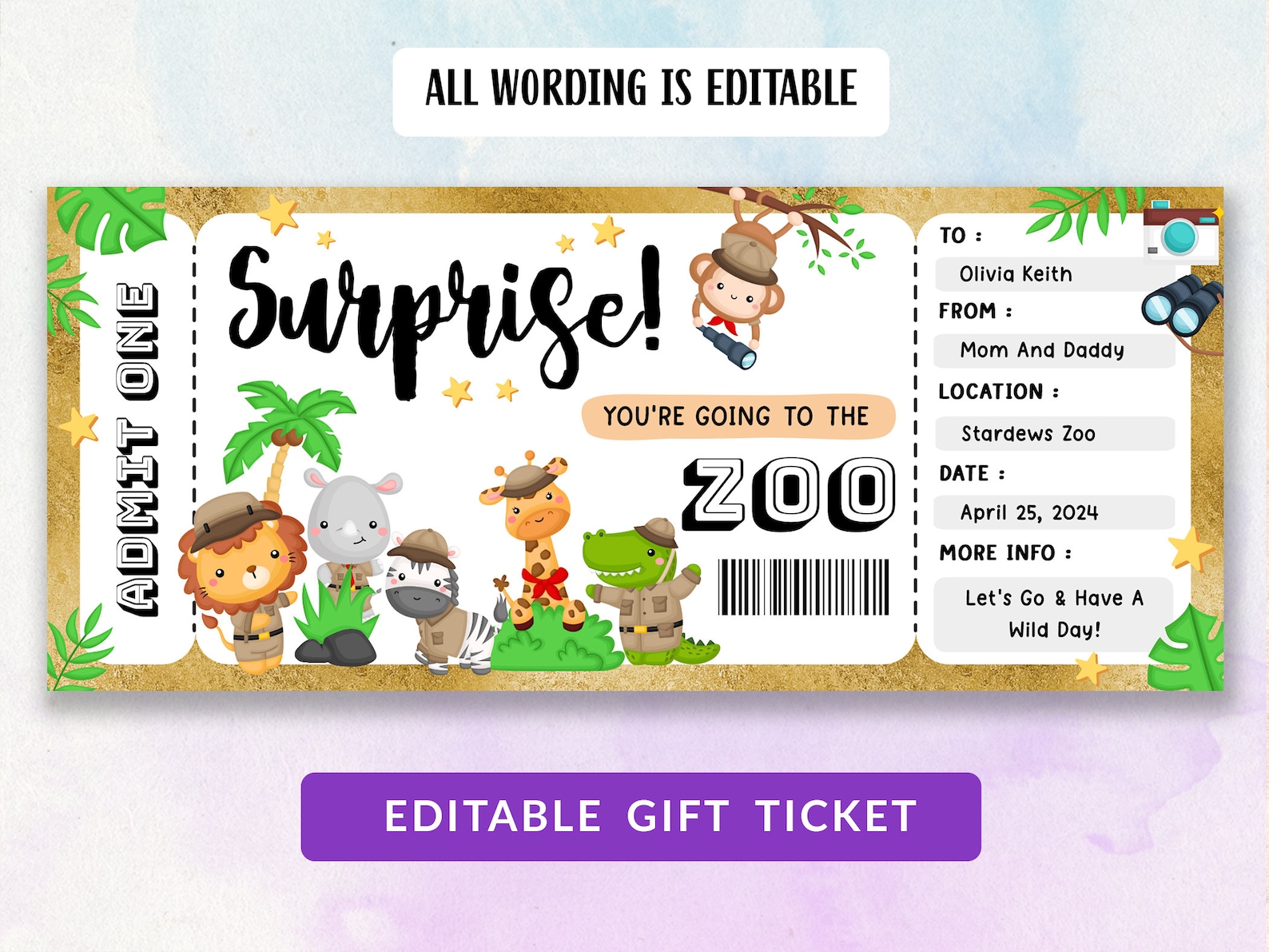 Surprise Zoo Ticket, Printable Zoo Ticket, Gold Zoo Coupon, Gift Ticket