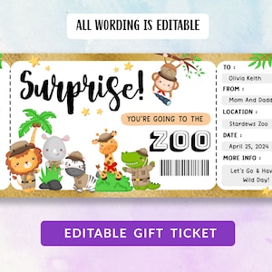 Biglietto per lo zoo a sorpresa, biglietto per lo zoo stampabile, buono per lo zoo d'oro, biglietto regalo, buono per lo zoo, biglietto d'oro modificabile, regalo per bambini, modello fai da te