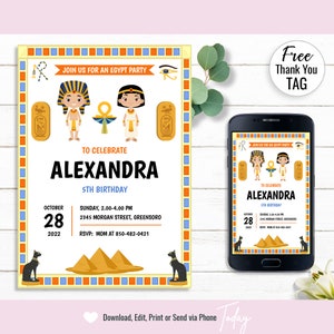 Egypte verjaardag sjabloon, oude verjaardag uitnodigen kaart, afdrukbare uitnodiging kinderfeest sjabloon, BEWERKBARE, INSTANT DOWNLOAD