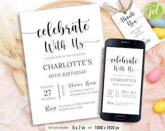 Editable Minimalist Birthday Invitation, Simple Birthday Invite, Party invitations, Printable Template, Instant Download