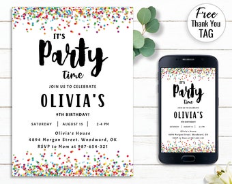 Confetti Party Invite, It's Party Time, Colorful Invitation, Simple Birthday Invitations, Editable Printable Template, instant Download