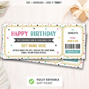 Geburtstagsgeschenk-Gutscheinvorlage, personalisierter Geschenkgutschein, Geschenkgutschein, druckbares Ticket, bearbeitbares Zertifikat, sofortiger Download