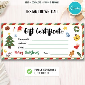 May include: A festive Christmas gift certificate with a red and green border. The certificate features the text "Gift Certificate", "Merry Christmas", and spaces for recipient and gift information. Includes Christmas tree, ornaments, and gingerbread man illustrations.