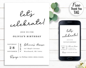 Simple Party Invite, Minimalist Birthday Invitation, Printable Adult Invitation, White Birthday, Editable Template, instant Download