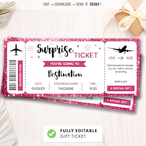 Editable Surprise Trip Ticket, Surprise Boarding Coupon Pass, Event Ticket template, Fake Plane Travel, Gift Printable, Instant Download