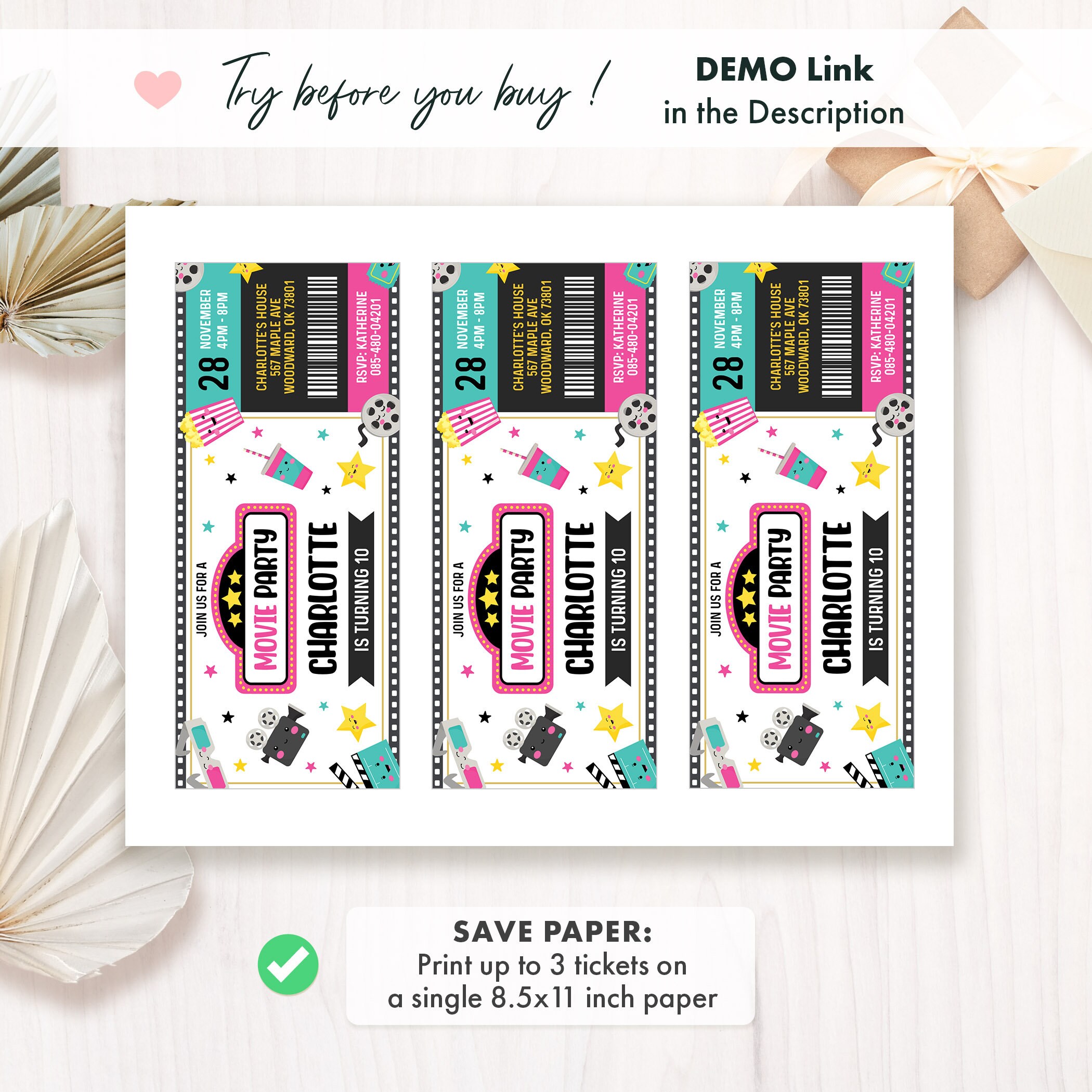 Ticket Movie Birthday Invitation Template, Movie Party Invite, Editable ...