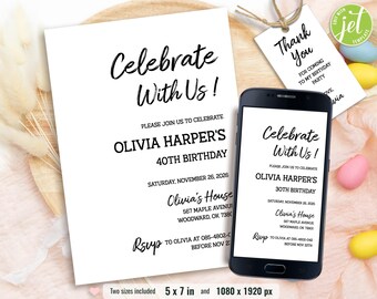 Simple Party Invite, Minimalist Birthday Invitation, Adult and Teen Invitation, White Invitations, Editable Template, instant Download