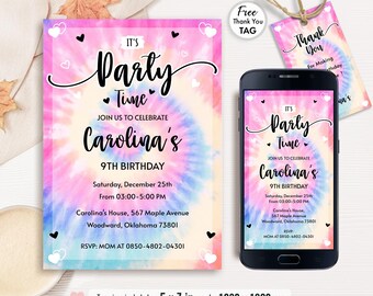 Tie Dye Birthday Invitation Template, Birthday Invite, Rainbow Birthday, Party Invitations, Phone Invitation, Editable, Instant Download