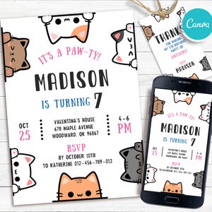 Invitación de cumpleaños de gato editable, invitación de gatito imprimible, invitación de cumpleaños familiar, invitaciones para mascotas, tarjeta de plantilla para niños, descarga instantánea