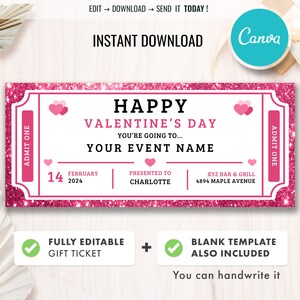 Bearbeitbarer Valentinstags-Gutschein, Überraschungs-Geschenkkarte, Valentinstagskarte, Ereignisticket-Vorlage, Valentinsgutschein, Sofortiger Download