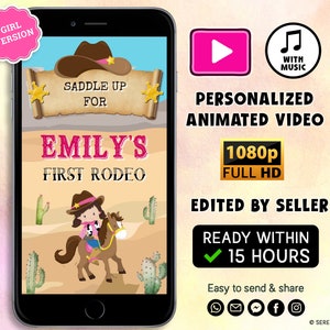 Personalized First Rodeo Birthday Video Invitation, Cowboy Birthday invite, First Birthday Invitations, Girl Invitation, Edited by Seller