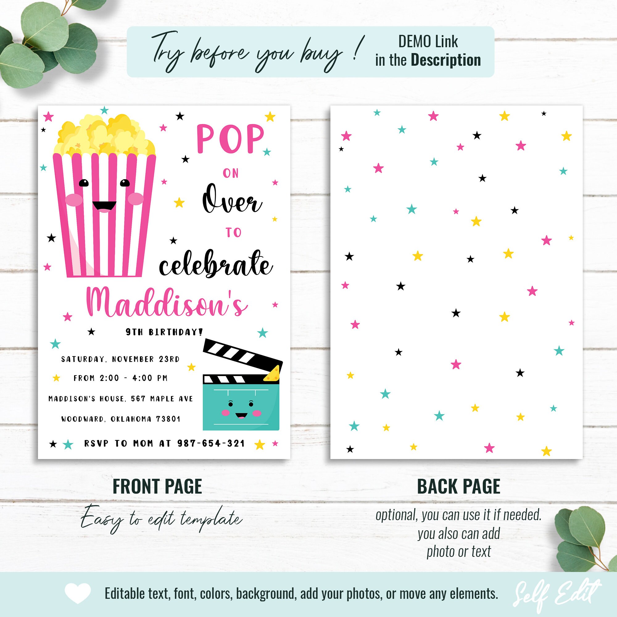 Movie Birthday Invitation, Cinema Birthday Invite, Pop on Over Bday ...