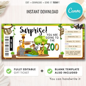 Dierentuin Ticket Sjabloon, Verrassing Dierentuin Ticket, Verjaardagscadeaubon, Afdrukbaar Safari Ticket, Bewerkbare cadeaubon sjabloon, direct downloaden