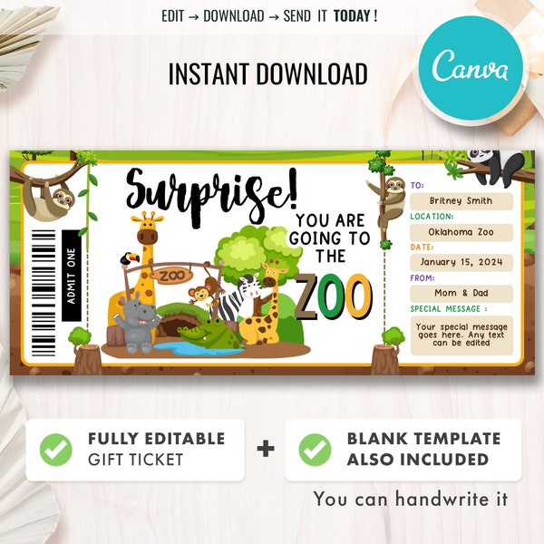 Zoo Ticket Template, Surprise Zoo Ticket, Birthday Gift Coupon, Printable Safari Ticket, Editable Gift Voucher Template, instant Download