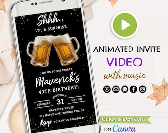 Editable Beer Surprise Birthday Invitation Template, Digital Invitations, Party Invite Template, Animated Video with music, Instant Download