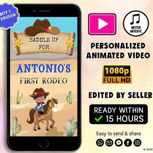 Personalized First Rodeo Birthday Video Invitation, Cowboy Birthday invite, First Birthday Invitations, Girl Invitation, Edited by Seller