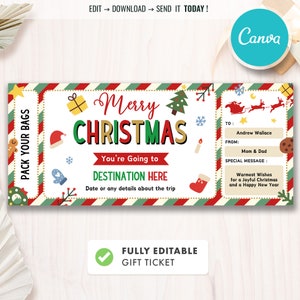 Carte d'embarquement pour Noël, billet d'embarquement pour Noël, vacances surprises, billet de Noël, bon-cadeau, modèle de billet MODIFIABLE