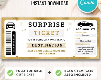May include: A gold and black printable surprise ticket for a road trip. The ticket says "Surprise Ticket" and "You're going on a road trip to [Destination]" with space to add a date or details about the trip. The ticket also includes space to write "Presented to:", "From:", and a "Special Message".