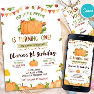 Editable Pumpkin Birthday Invitation Template, Fall Birthday Invitations, Autumn Birthday Invite, Printable Template, Instant Download