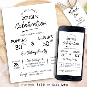 Bewerkbare dubbele verjaardagsuitnodiging, gezamenlijke verjaardagsuitnodiging, uitnodigingen voor feest van elke leeftijd, afdrukbare sjabloon, Instant Download
