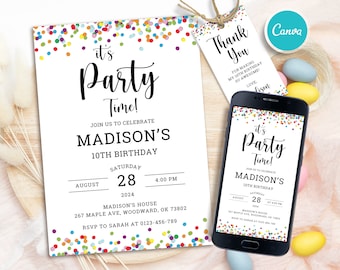 Editable Confetti Birthday Invitation, Colorful invite, Simple Birthday Invitations, Printable Template, Any Age Birthday, Instant Download