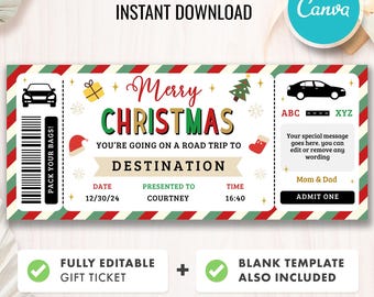 May include: A printable Christmas road trip ticket with a red, green, and white striped design. The ticket says "Merry Christmas" and "You're going on a road trip to Destination". It includes a date, time, and space to write the name of the person the ticket is presented to. The ticket also includes a space for a special message.