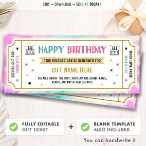 Birthday Gift Voucher Template, Personalized Gift Coupon, Present Voucher, Printable ticket, Editable Certificate, Instant Download