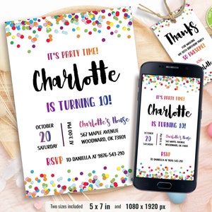 Editable Confetti Birthday Invitation, Colorful invite, Simple Birthday Invitations, Printable Template, Any Age Birthday, Instant Download