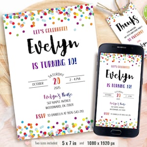 Editable Confetti Birthday Invitation, Colorful invite, Simple Birthday Invitations, Printable Template, Any Age Birthday, Instant Download