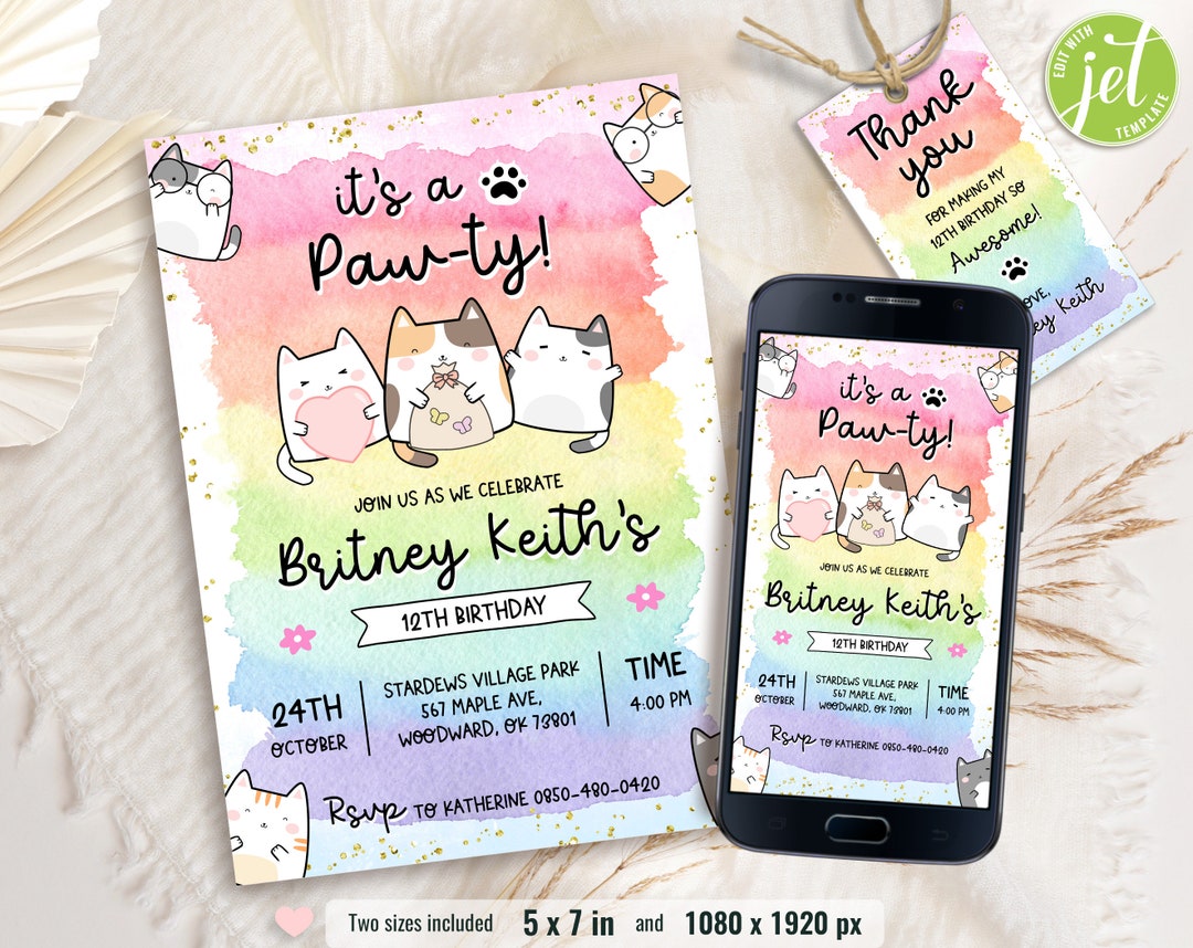 Cat Birthday Invitation, Printable Kitten Invite, Digital Invitation