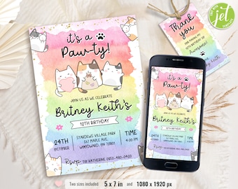 Cat Birthday Invitation, Printable Kitten Invite, Digital invitation, Pet invitations, Editable Kids Template card, Instant Download