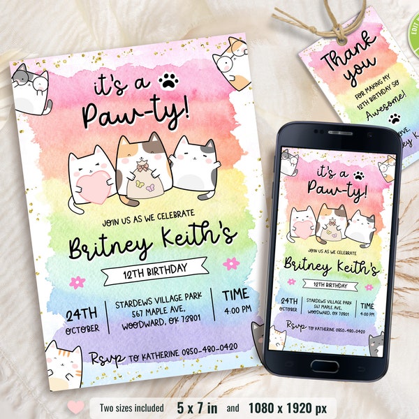 Cat Birthday Invitation, Printable Kitten Invite, Digital invitation, Pet invitations, Editable Kids Template card, Instant Download